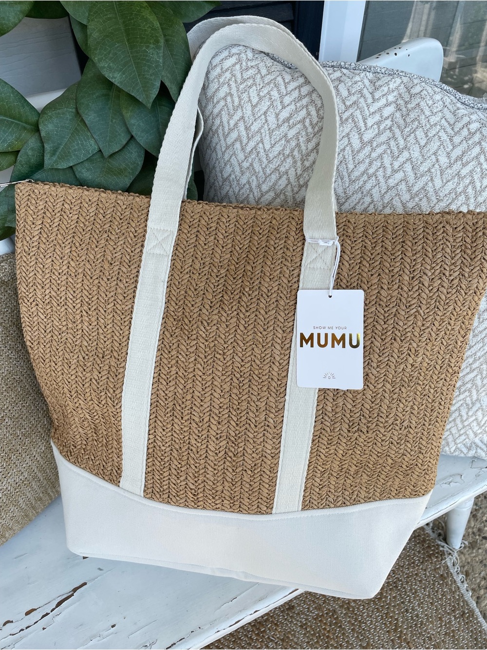 Show Me Your MuMu Sunseeker Tote Natural Paper Straw and Ivory Canvas Trim, NEW